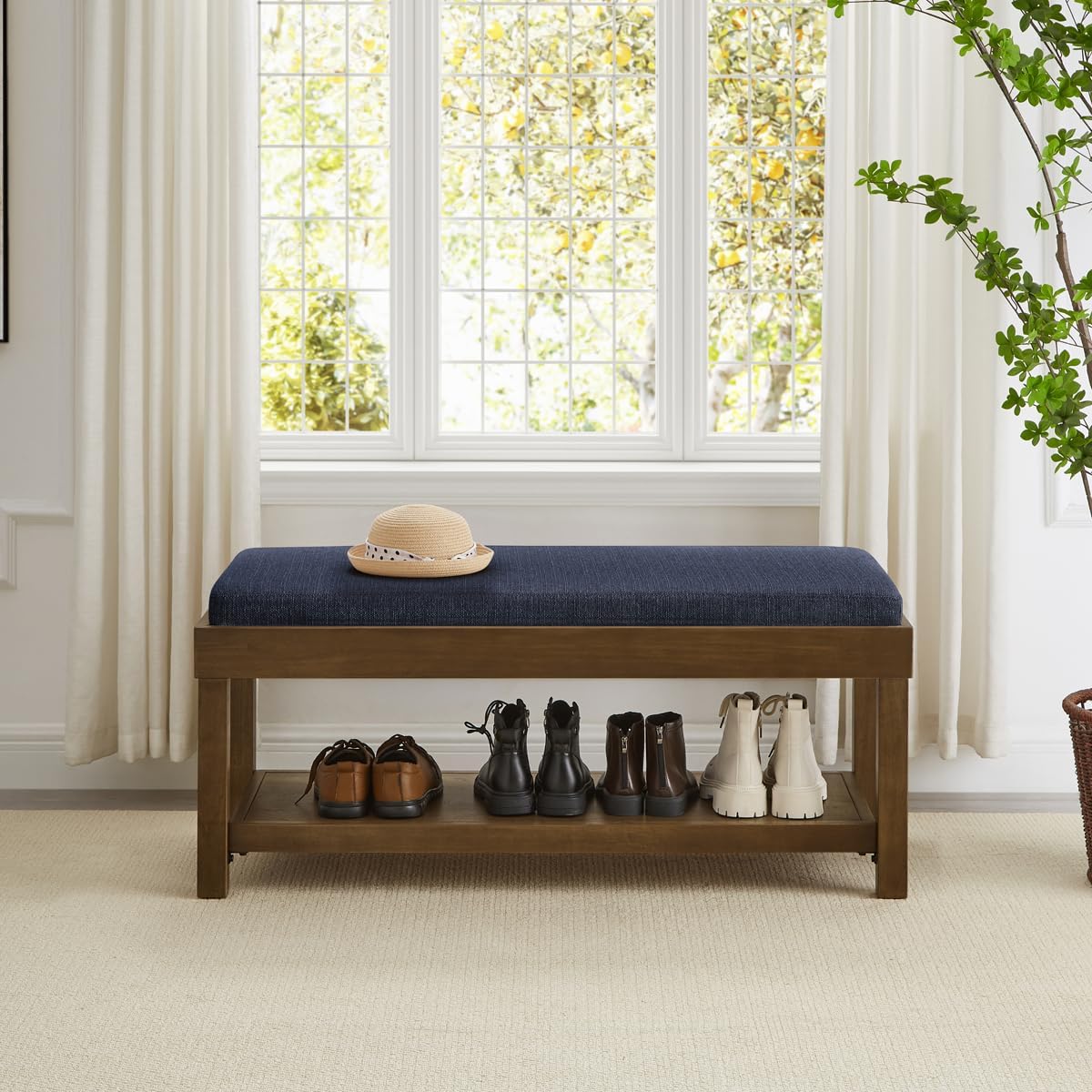 24KF Large Rectangular Storage Bench,Upholstered Seat Cushion,Ottoman Coffee Table with Navy Blue Removable Cushion for Living Room,Entryway Bench Bed Bench with Solid Wood Shelf,5069-Navy Blue