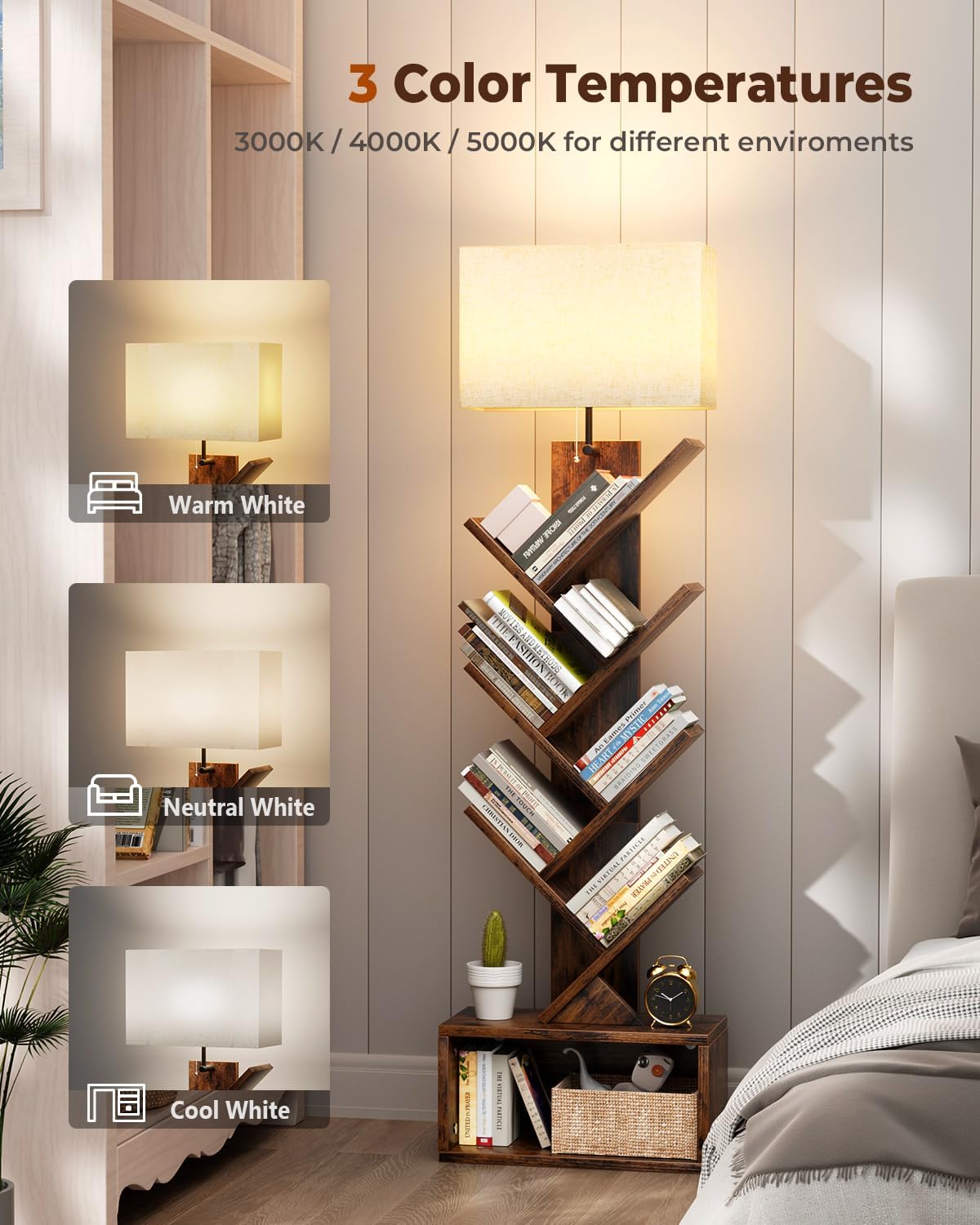 6 Tier Tree Bookshelf with Light, Narrow Bookcase Tower, Tall Floor Standing Book Organizer with Storage Cabinet for Living Room, Bedroom and Home Office, Rustic Brown
