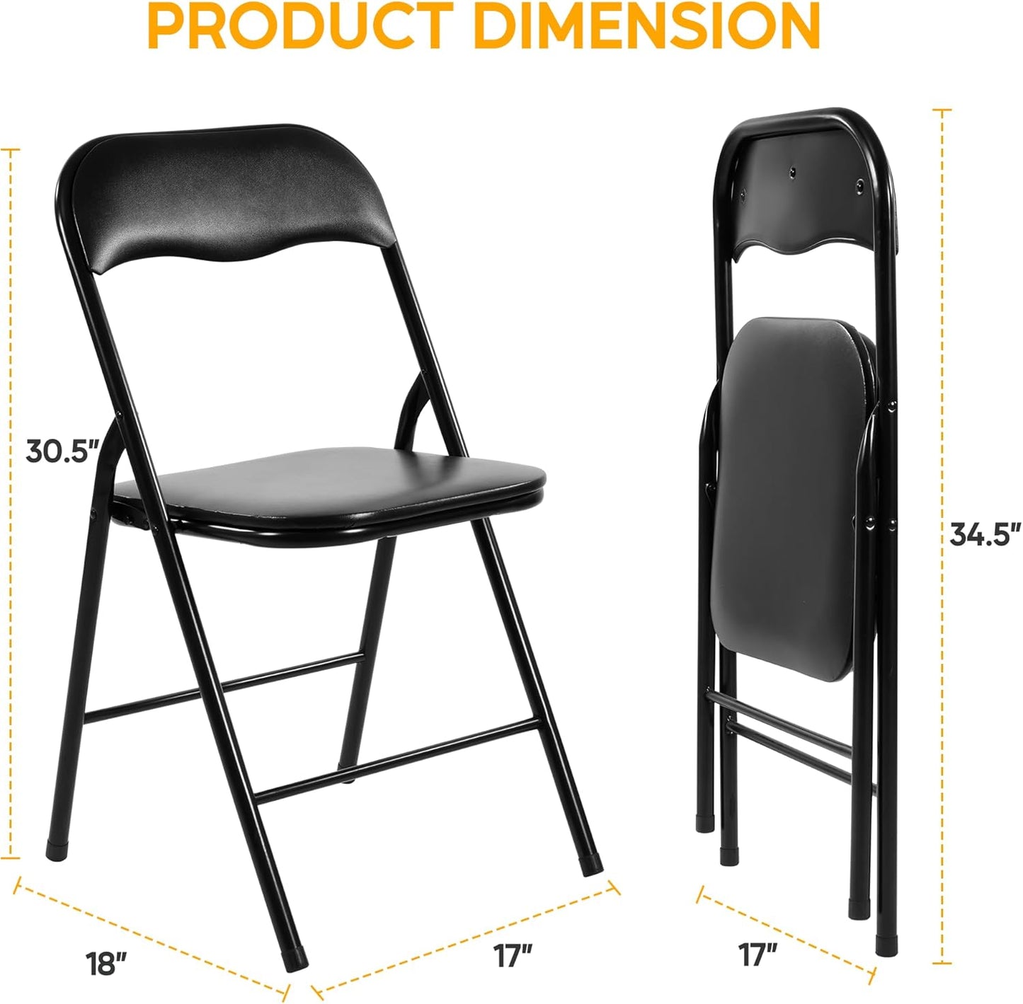 HealSmart 2 Pcs Folding Chairs with Leather Padded Cushion Seats, Back & Sturdy Metal Frame, Stackable, Portable, Commercial Event Seat, Indoor Outdoor for Parties, Home Event, Office, Black