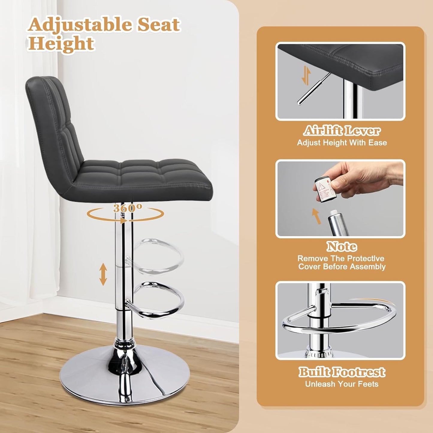 6-Squares Back with Double Needle Adjustable Bar Stools, Set of 2, Black