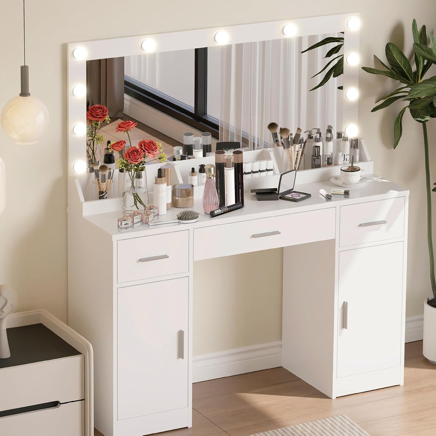 47.5” Vanity Desk with Large Mirror, 3 Colour Lighting Modes, Adjustable Brightness, Dresser with 3 Drawers & 2 Vertical Cabinets, Makeup Vanity Table for Women Girls