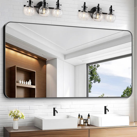 KOCUUY 60"x30" Large Rectangle Vanity Mirror, Black Metal Frame Mirror with Rounded Corner, Modern Design of Upgraded Shatterproof Glass for Bathroom, Bedroom, Living Room, Entryway