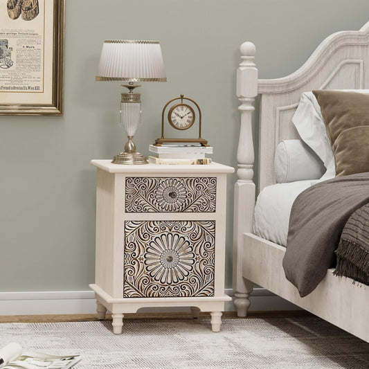 COSIEST 2 Drawers Accent Dresser, Vintage Small Accent Chest with 4 Wood Legs, Free-Standing Buffet Server Nightstand End Table for Bedroom, Living Room, Entryway