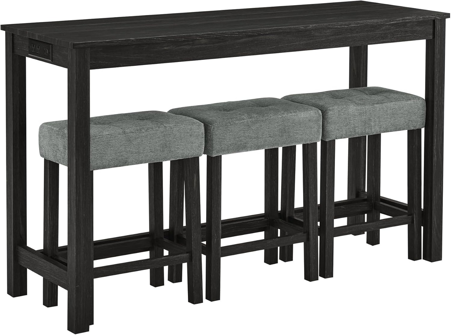 Ball & Cast 4 Piece Kitchen Dining Room Table and Chairs Set, Farmhouse Wooden Counter Height Bar-Sets w/USB Ports & Power Outlet & 3pcs Stools, 59" Sofa-Table Barstool w/Charging Station, Black