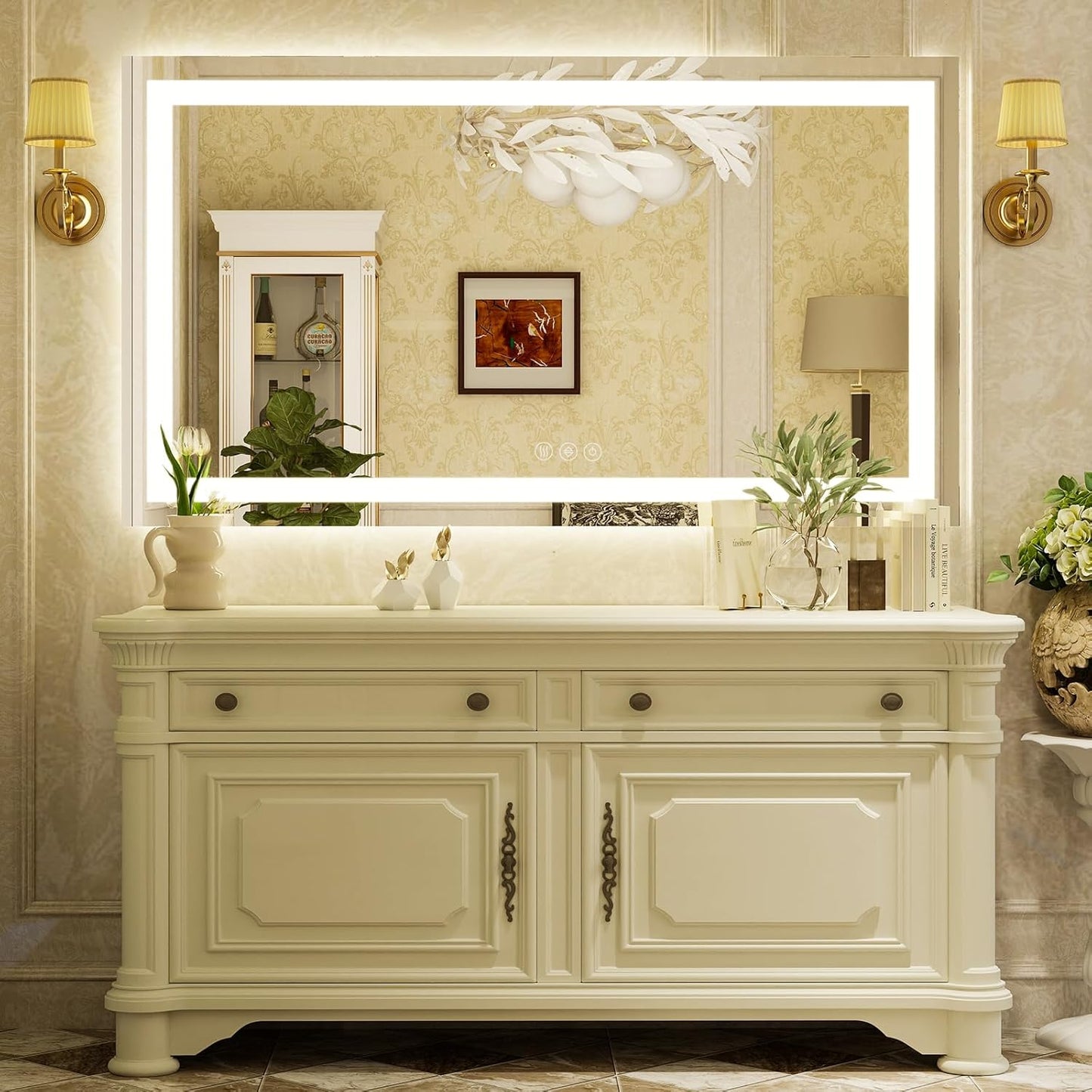 48'' x 32'' LED Bathroom Mirror with Lights, Wall Mirror with Front and Backlight, 3 Colors Vanity Mirror with Lights, Anti-Fog Wall Mirror for Bathroom