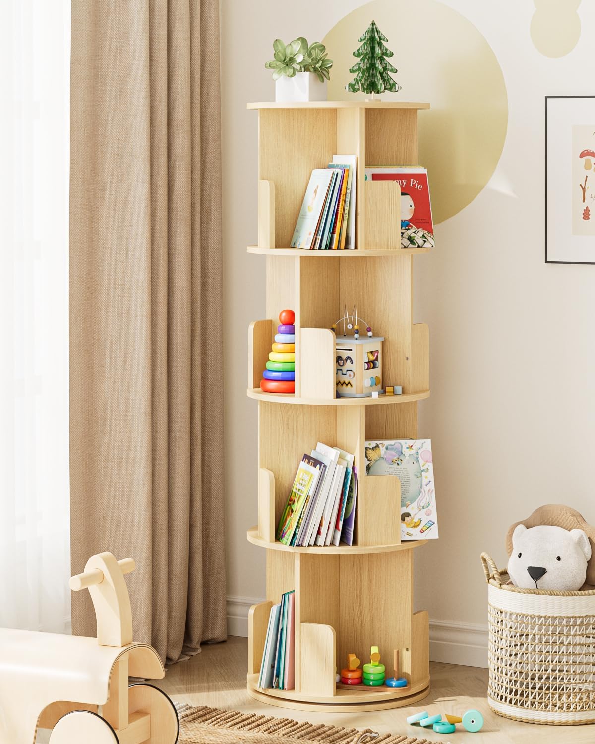 Masupu Rotating Bookshelf, Tall 4 Tier Rotating Spinning Bookshelf Tower, 360 Spinning Floor Standing Bookcase Storage Rack, Conner Rotating Book Shelf for Kids Rooms, Bedroom, Living Room