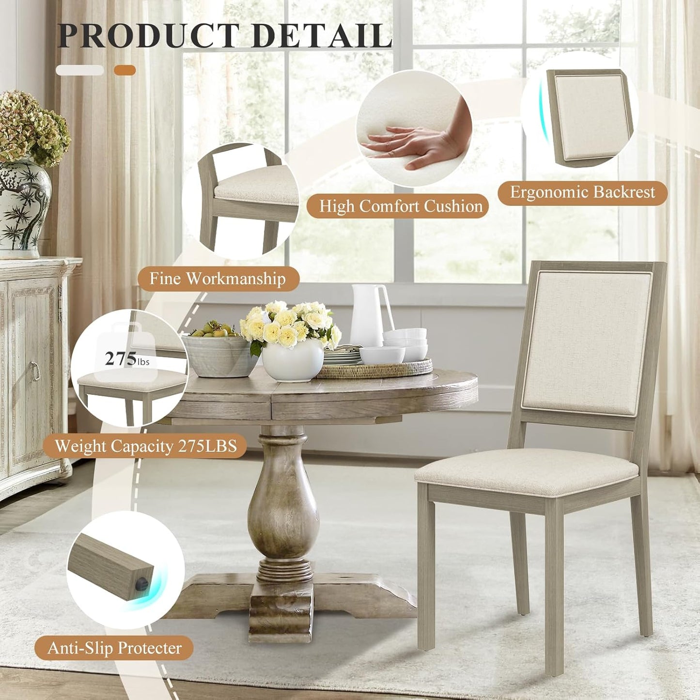 COLAMY Wood Dining Chairs Set of 6, Mid Century Modern Upholstered Kitchen Chairs,19 Inch Fabric Dining Chair with Back for Kitchen Dining Room,Grey