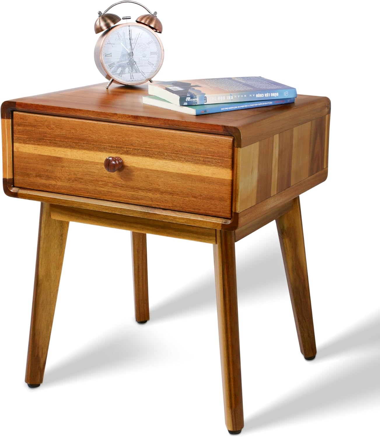 ENKEZI Small Mid Century Acacia Night Stand with Drawer Dresser, Handcrafted Small Nightstand, Space-Saving Bedroom Side Tables with Acrylic Coating, No Visible Nails