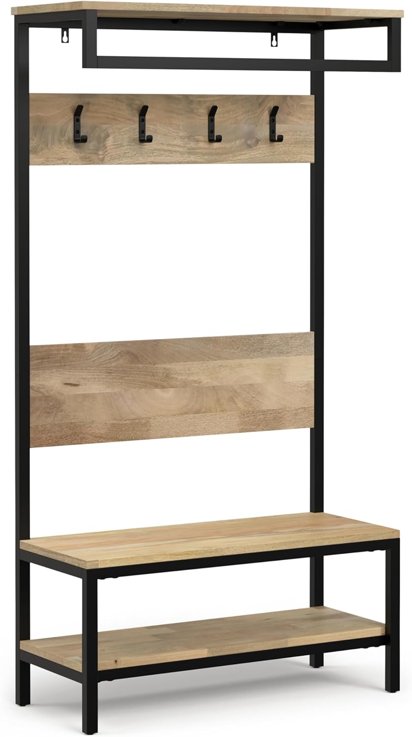 SIMPLIHOME Westmont Hall Tree Bench - 40 inch Wide Solid Mango Wood Entryway Seat in Natural, Industrial Bench for Entryway or Hallway with Metal Frame, Coat Hooks and Open Shelf