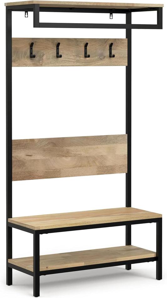 SIMPLIHOME Westmont Hall Tree Bench - 40 inch Wide Solid Mango Wood Entryway Seat in Natural, Industrial Bench for Entryway or Hallway with Metal Frame, Coat Hooks and Open Shelf