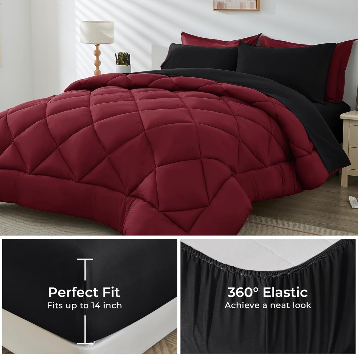 HEVUMYI Red & Black Twin Comforter Set - 5-Piece All Season Bed in a Bag Twin, Ultra Soft Burgundy Bedding Set with Comforter, Flat Sheet, Fitted Sheet, Pillowcases, Pillow Shams, Burgundy Red & Black