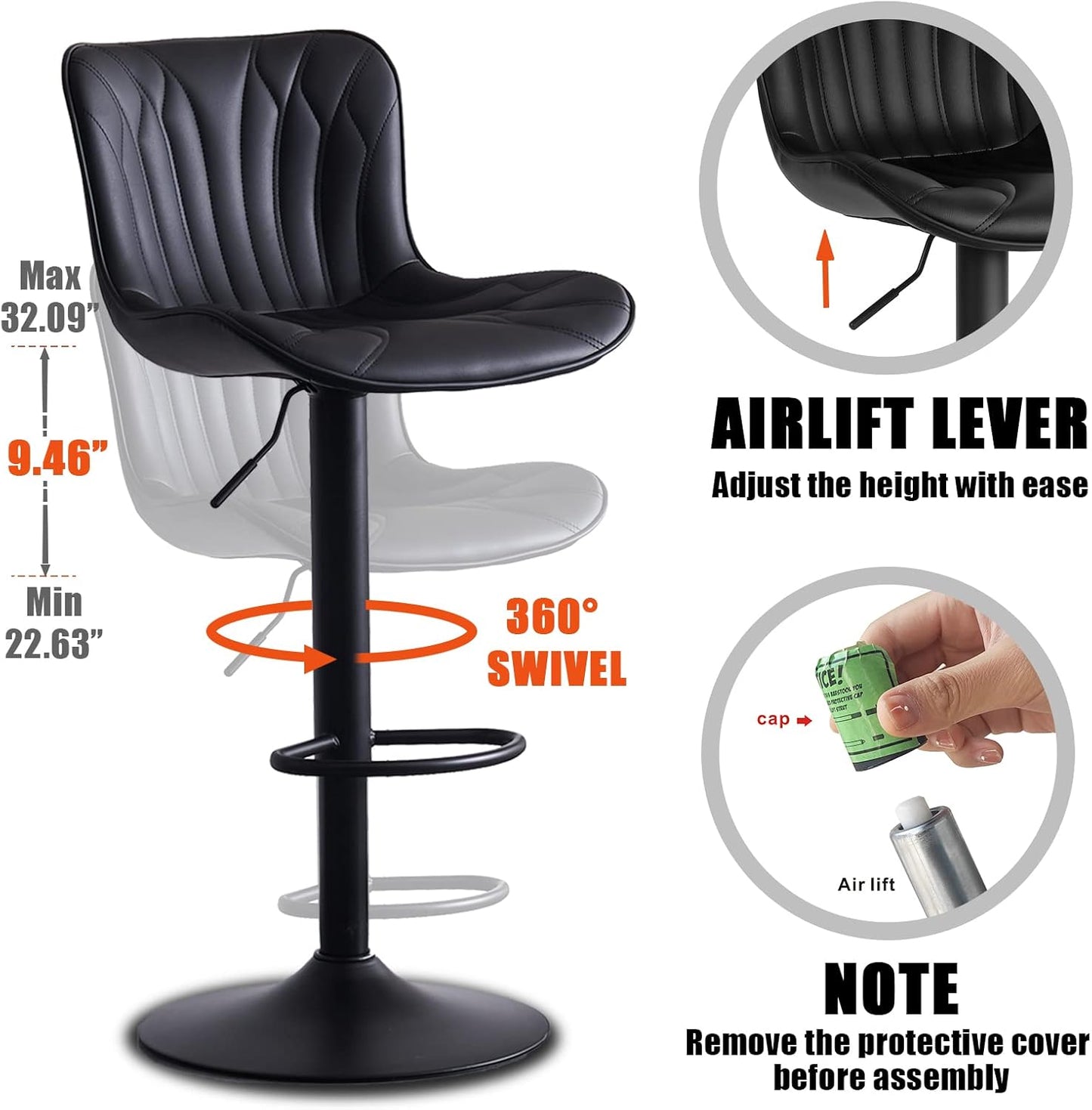 YOUNIKE Single Black Bar Stools Modern Swivel Counter Height Bar Chair with Back Adjustable Kitchen Island Faux Leather Padded Barstools taburetes de bar Breakfast sillas para barra de cocina 1PCS