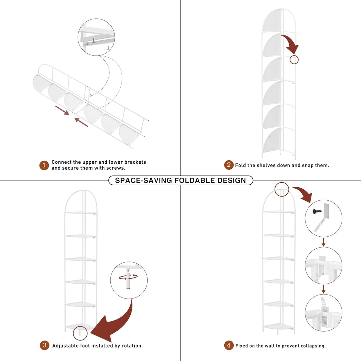Crofy Foldable 6 Tier Corner Shelf, Metal Corner Plant Stand with White Frame and White Shelves, Corner Display Rack Multipurpose Shelving Unit for Living Room, Bedroom, Bathroom