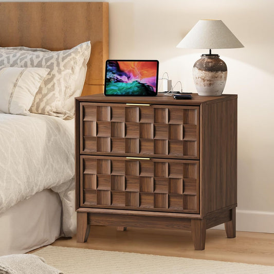 COLAMY Nightstand with Charging Station, 22" Modern Bed Side Table with 2 Storage Drawers and Chessboard Relieffor Bedroom, Dorm and Small Spaces - Walnut