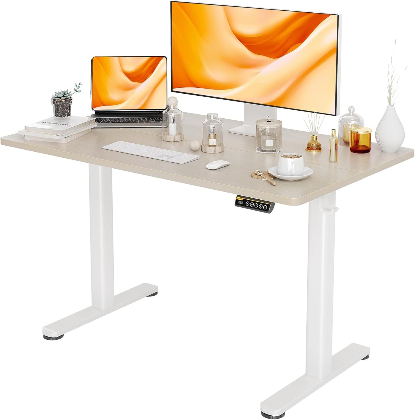 Claiks Electric Standing Desk, Adjustable Height Stand up Desk, 48x24 Inches Sit Stand Home Office Desk with Splice Board, White Frame/Nature Top