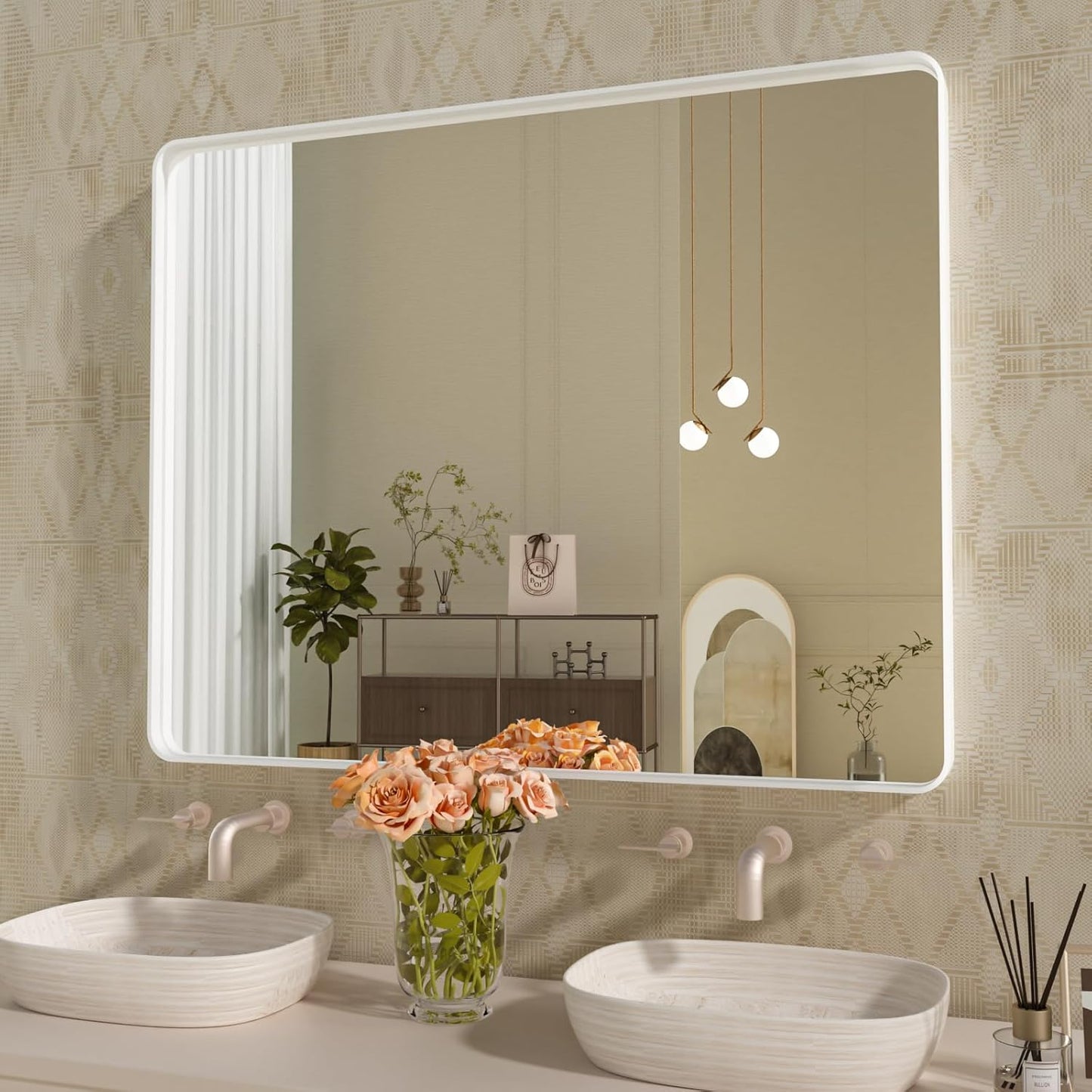 WEER White Bathroom Mirror 40X32 Inch, Rounded Rectangle White Metal Frame Mirror, Matte White Bathroom Vanity Mirror with Tempered Glass, Anti-Rust, Hangs Horizontally or Vertically