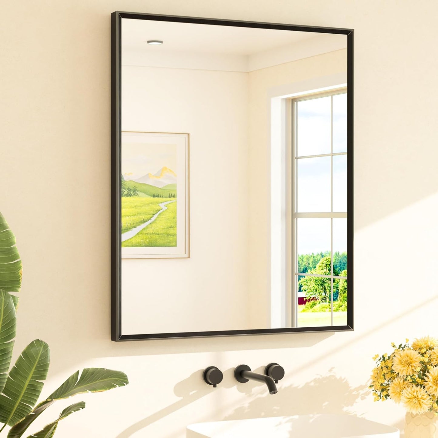 TETOTE Black Mirror for Bathroom Sink 30" x 36" Matte Black Beveled Metal Frame Bathroom Vanity Rectangle Mirror for Wall, Modern Farmhouse, Tempered Glass, Shatterproof, Stronger Frame