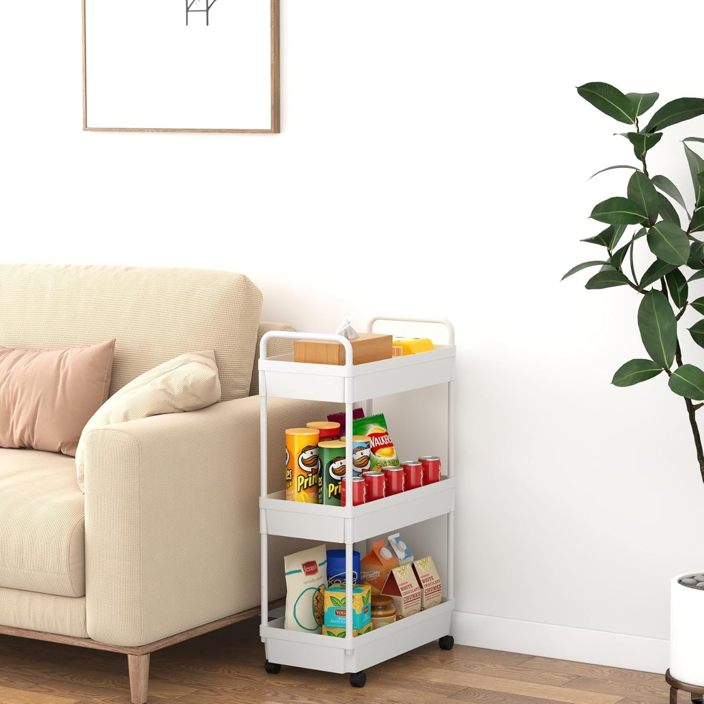 3-Tier Storage Cart，Shelf Organizer Mobile Shelving ，Utility Rolling Cart，Multifunction Movable Storage Organizer with Lockable Wheels,White