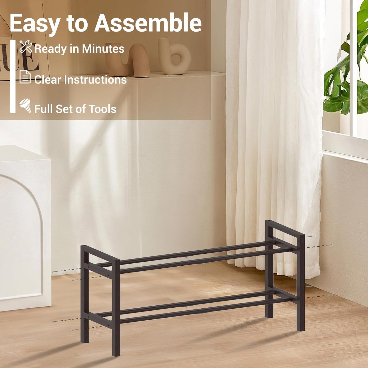 Haddockway Bamboo Shoe Rack for Closet, Free Standing Shoe Organizer with Smooth Round Rods & Convenient Handles, Stackable Shoe Storage Shelf for Entryway, Hallway(Brown, 2-Tier)