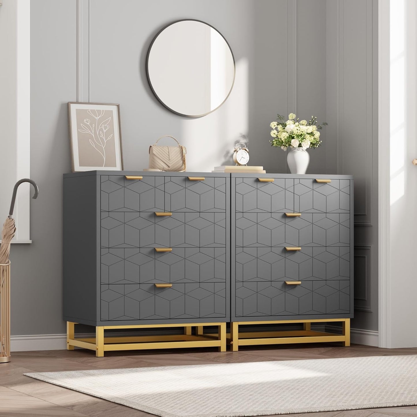 GAOMON Grey 5 Drawer Dresser for Bedroom, Chest of Drawers with Metal Base, Modern Dresser Chest Cabinet Organizer for Living Room, Hallway, Closet