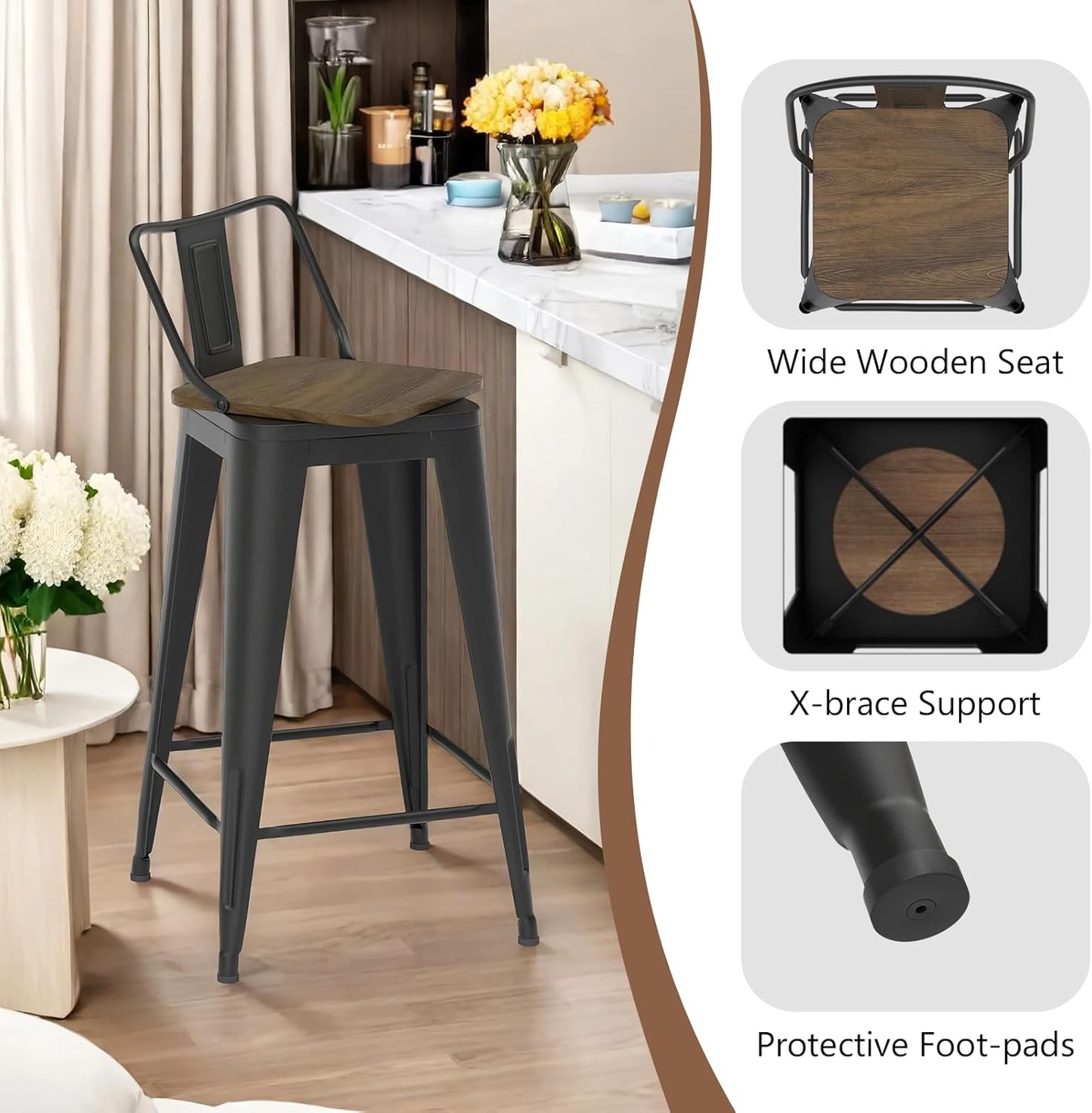 30 Inch Swivel Bar Stools Set of 4, Counter Height Bar Stools with Low Back, Metal Industrial Bar Chairs for Kitchen Island (Matte Black)