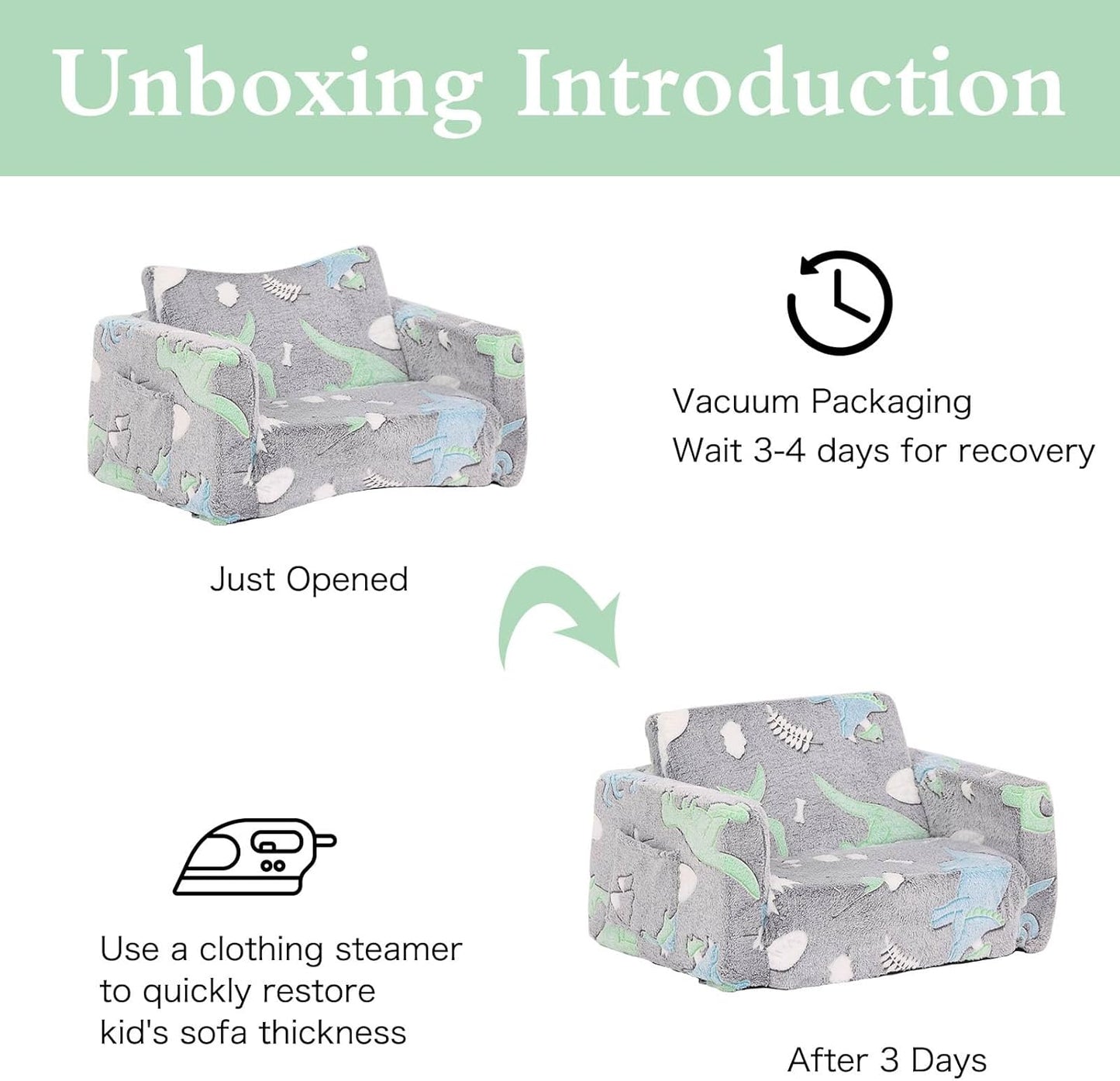 Tiita Kids Sofa, 2-in-1 Kid Chair, Convertible Toddler Couch to Lounger, Flip Out Baby Sofar, Toddler Armrest Chair Bed, Folding Kids Play Sofa for Girl or Boy(Dark Grey Dinosaur)