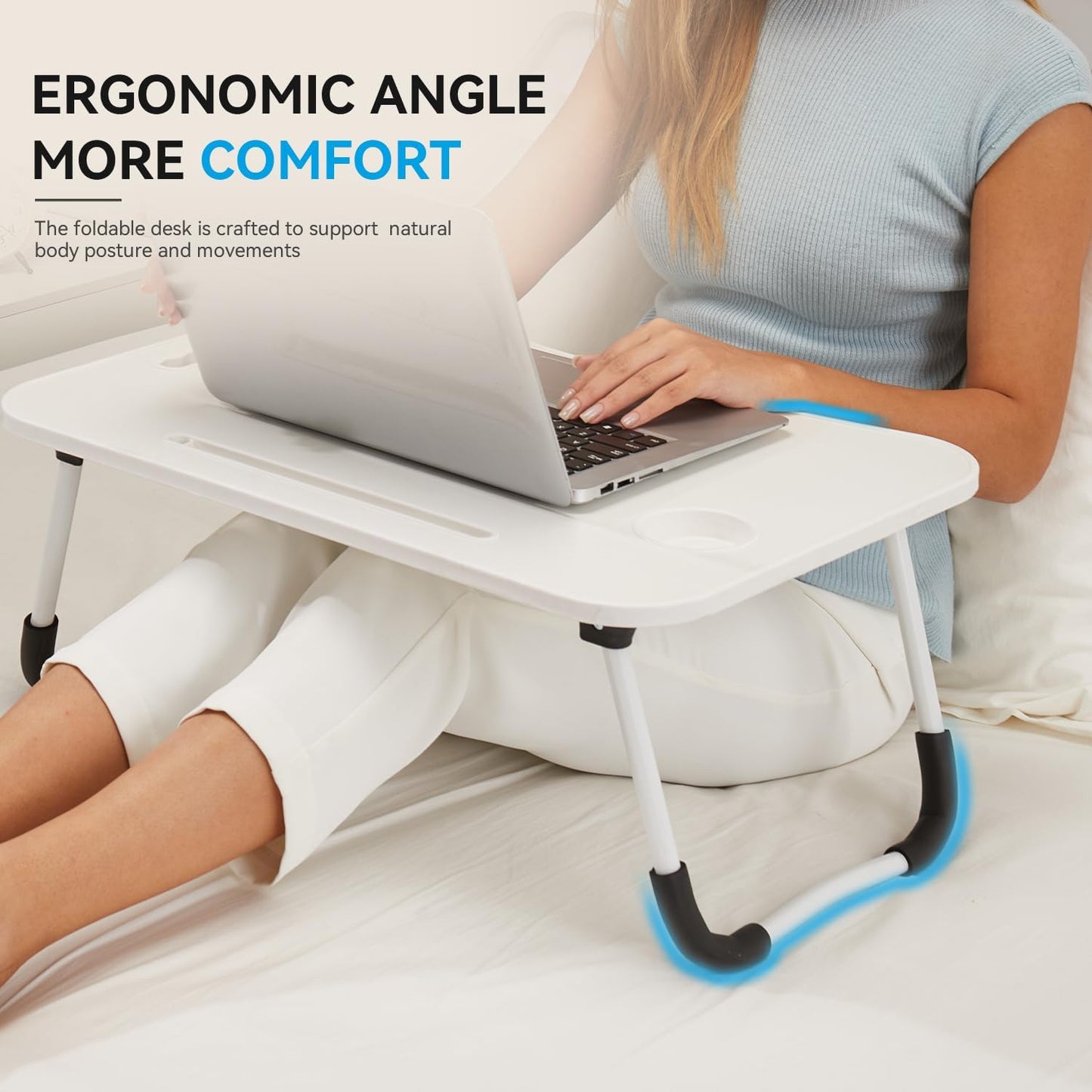 BUYIFY Folding Lap Desk, 23 Inch Portable Wood White Laptop Bed Desk Lap Desk with Cup Holder, for Working Reading Writing, Eating, Watching Movies for Bed Sofa Couch Floor