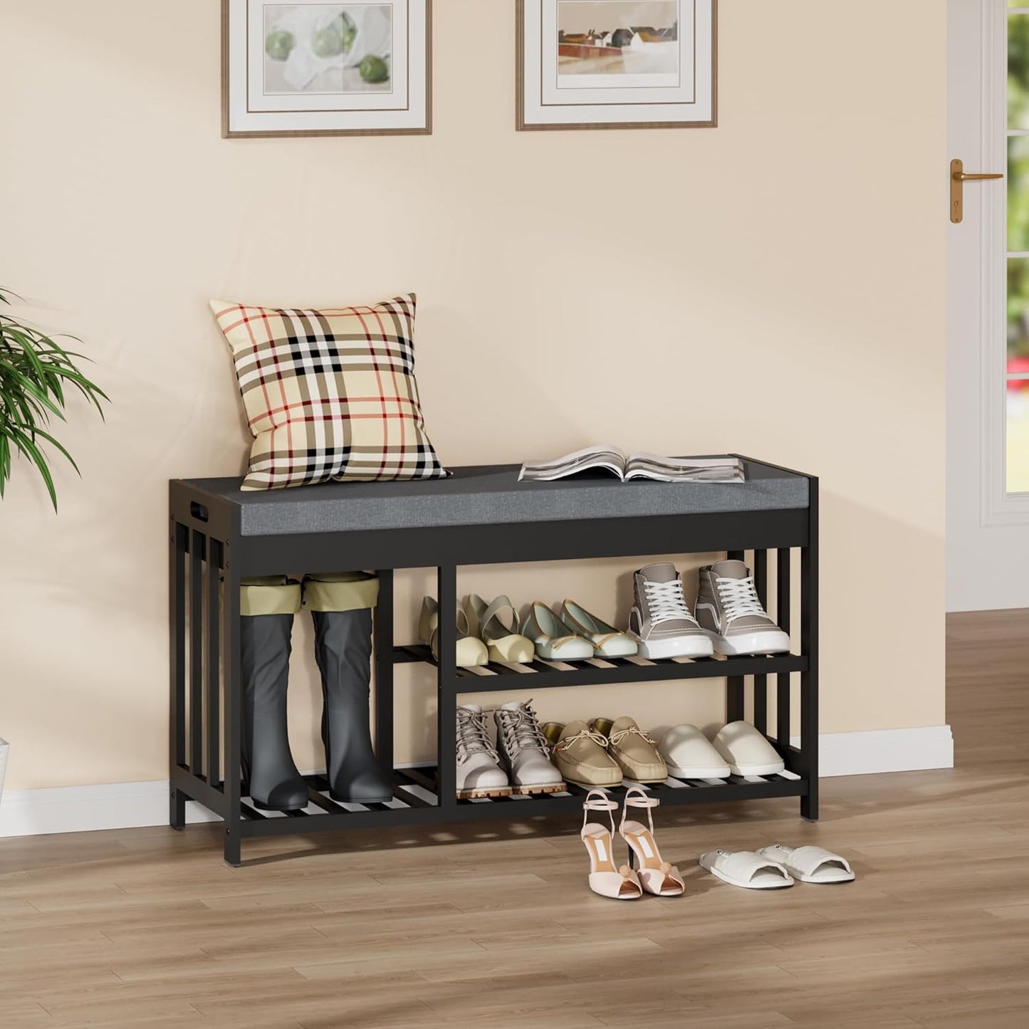 Shoe Rack Bench with Cushion,2 Tiers Shoe Bench with Flip-Top Storage,Wood Shoe Rack for Entryway, Hallway, Bedroom, Front Door Entrance (Black)
