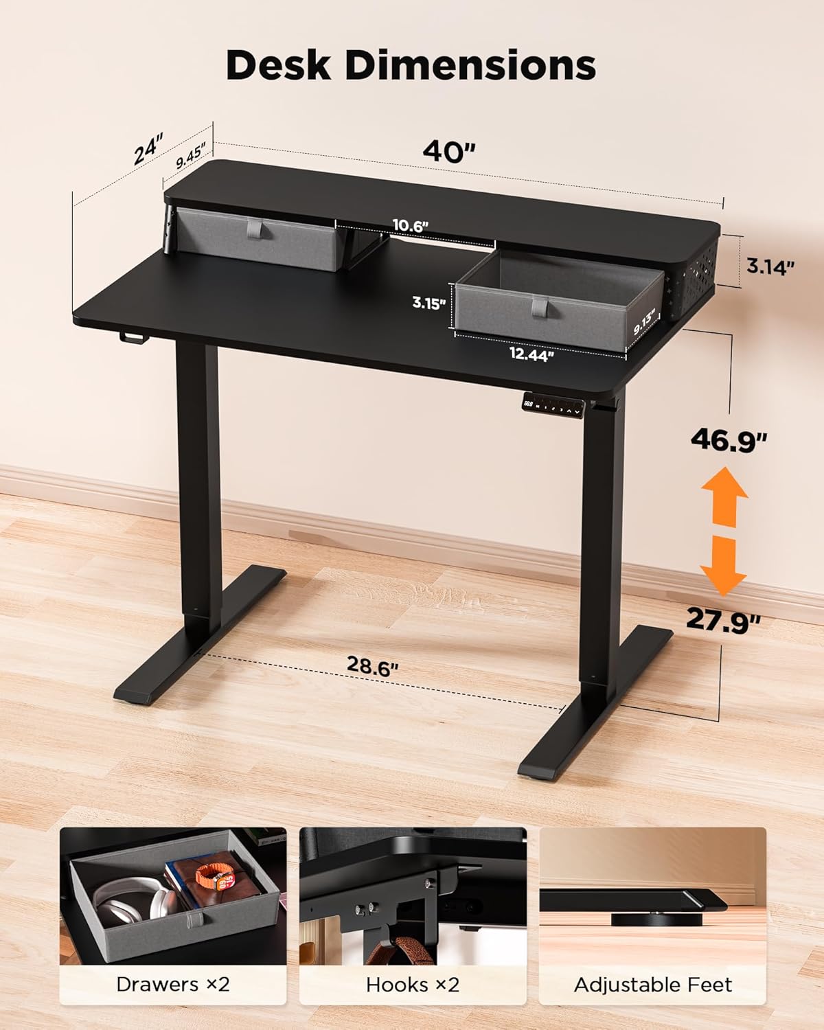 40x24 Inch Standing Desk with Double Drawers, C-Clamp Mount Compatible, Electric Adjustable Height Computer Stand Up Desks, Home Office Sit Stand Table with 3 Preset Heights & 2 Hooks, Black
