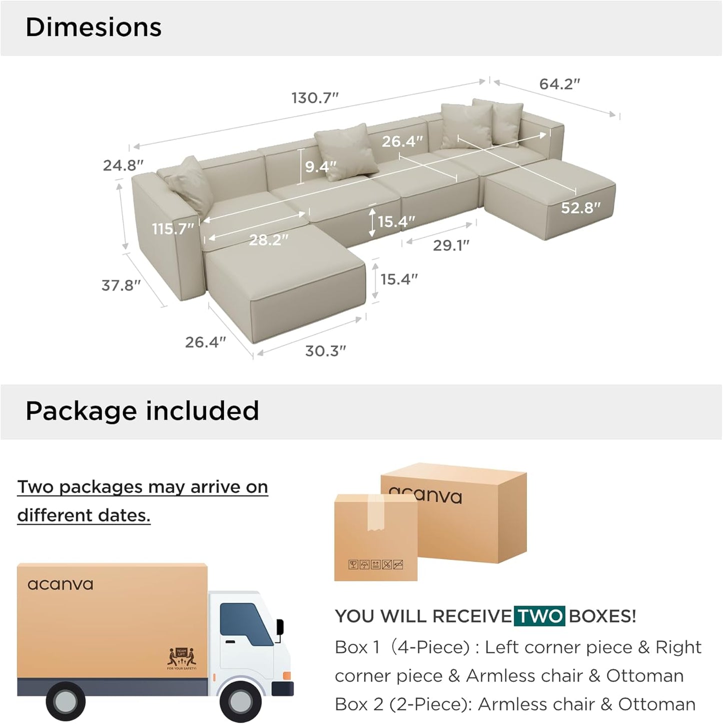 Acanva Luxury Modular Sectional Couch with Moveable Ottoman and Chaise, Modern Minimalist Style Sofa for Living Room, Apartments, U-Shape, Vegan Leather Cream