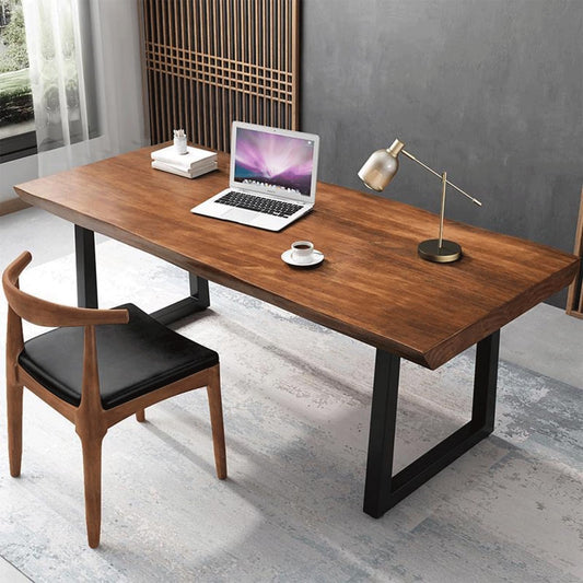 Modern Minimalist Solid Wood Office Desk with Metal Base Easy to Assemble Durable Writing Table Dining Table Computer Desk Multiple Ideal for Living Room and Dining Room (55inch)
