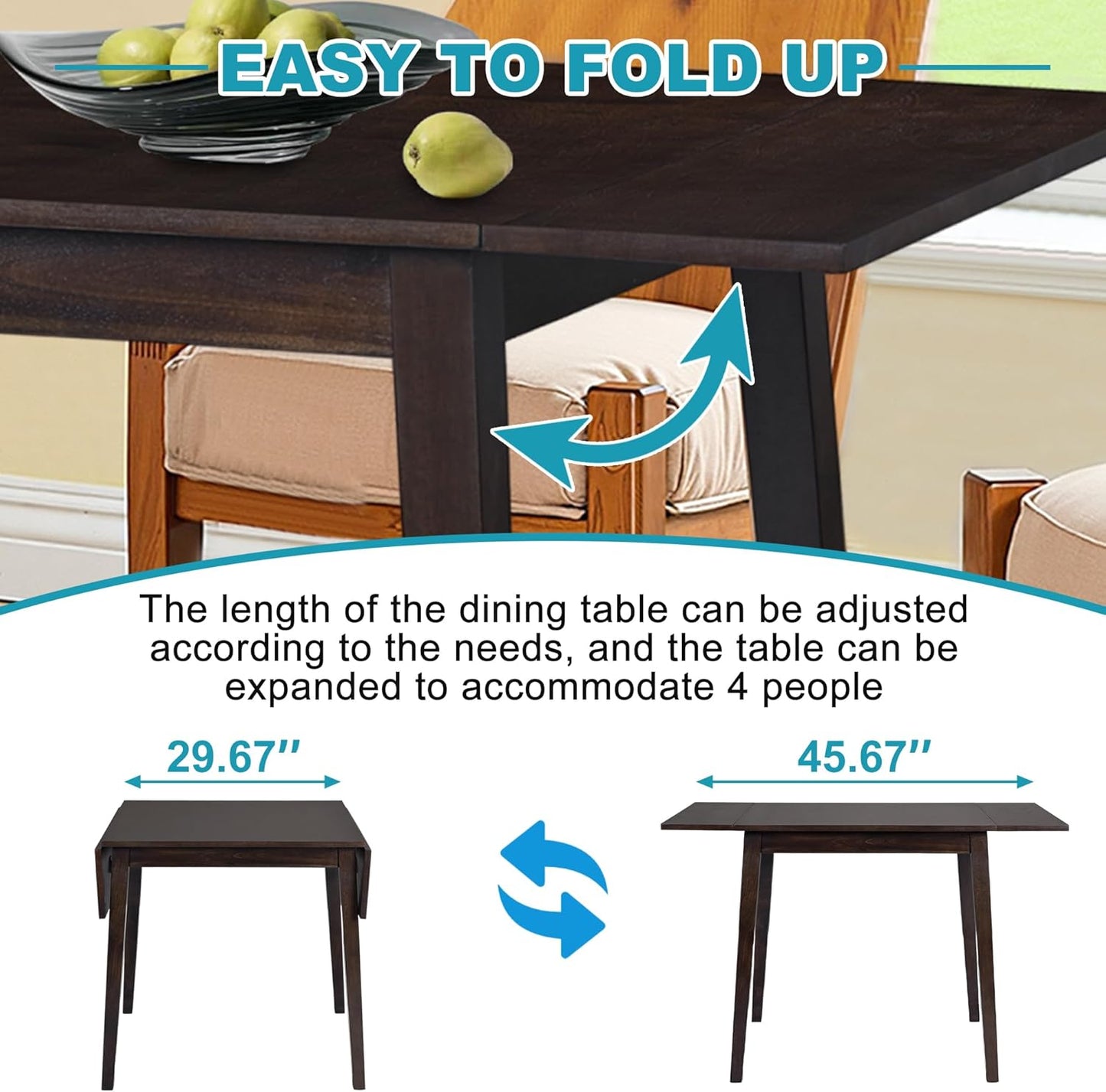 29"- 45" Extendable Dining Table for 2-4, Folding Square Dinner Table Small Kitchen Dining Room Tables with Wood Legs for Small Space, Kitchen, Living Room, Espresso