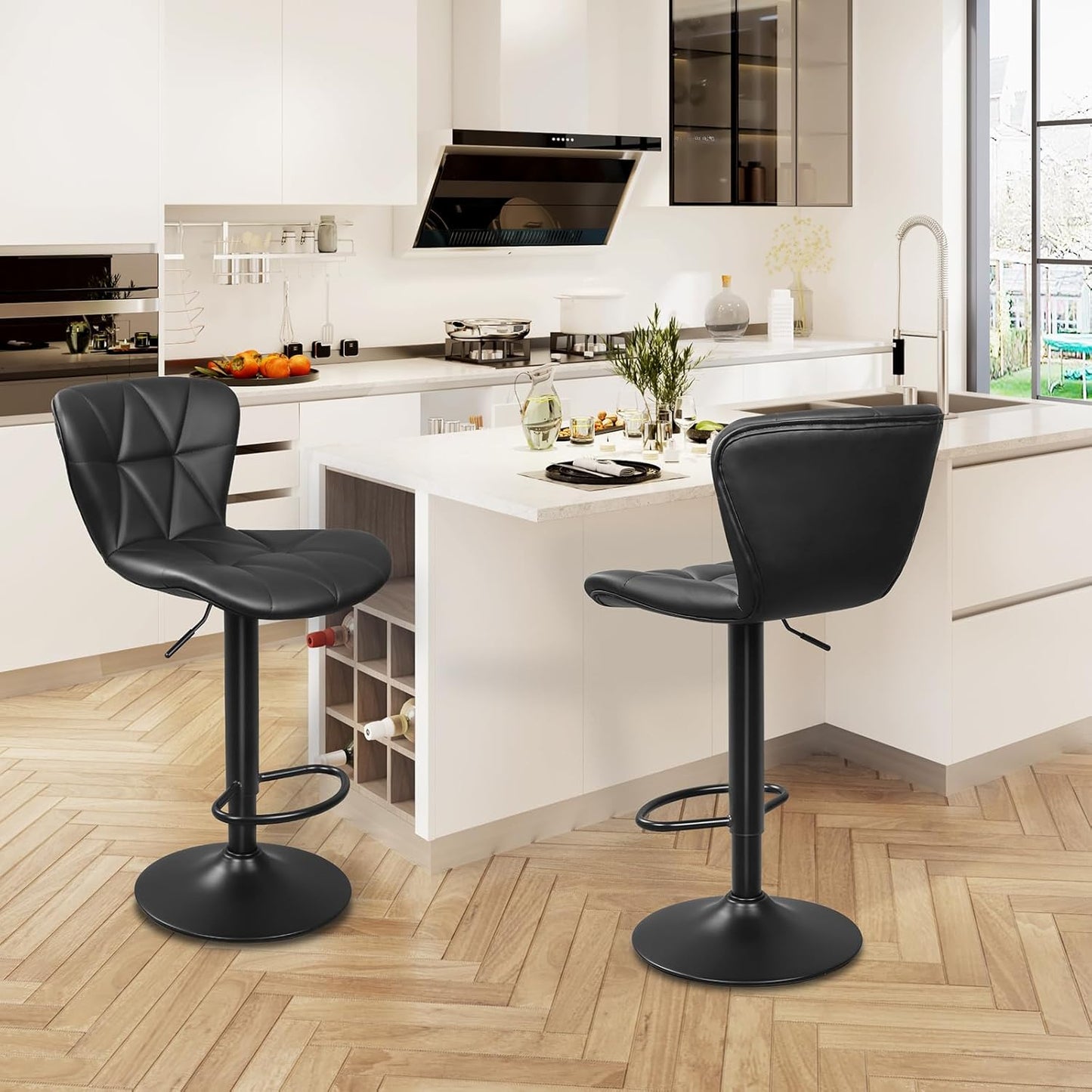 Bar Stools Set of 2, Adjustable Swivel Bar Chairs with Shell Back, PU Leather Counter Height Bar Stools for Kitchen lsland, Black