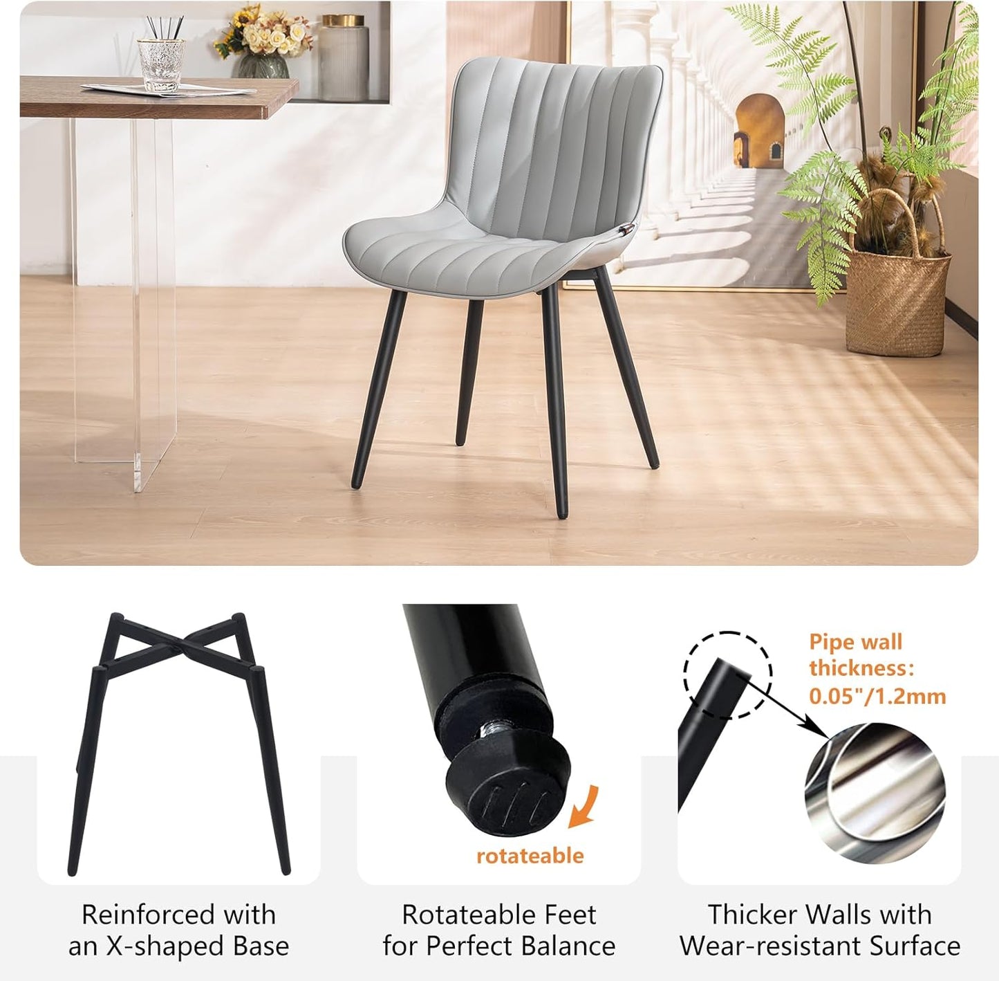 YOUNUOKE Mid-Century Modern Dining Chairs Set of 2, Grey PU Leather Upholstered Kitchen Chairs with Black Metal Legs, Armless Accent Chair for Dining Room, Guest Reception Room