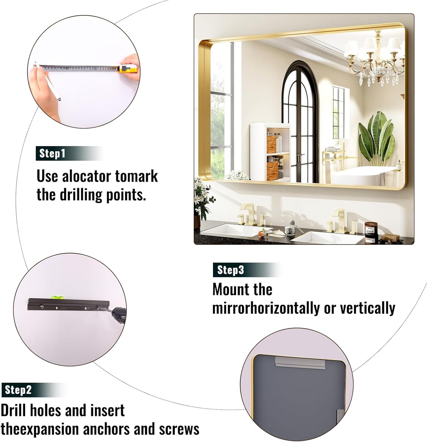 30 x 40 Inch Gold Bathroom Mirror for Wall,Aluminum Alloy Frame Rectangular Wall Mounted Mirror for Farmhouse Decor Horizontal or Vertical Ideal for Bedroom, Living Room