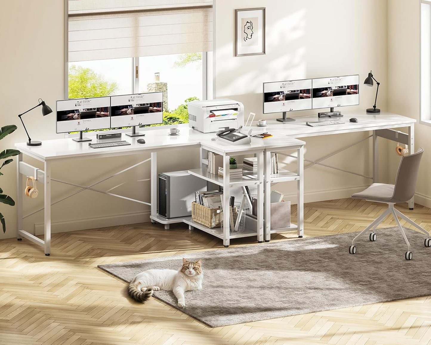 Casaottima L Shaped Computer Desk, 55 Inch Small Corner Desk with Storage Shelves & PC Stand, Reversible Gaming Desk for Bedroom, Modern Writing Study Table for Home Office, White