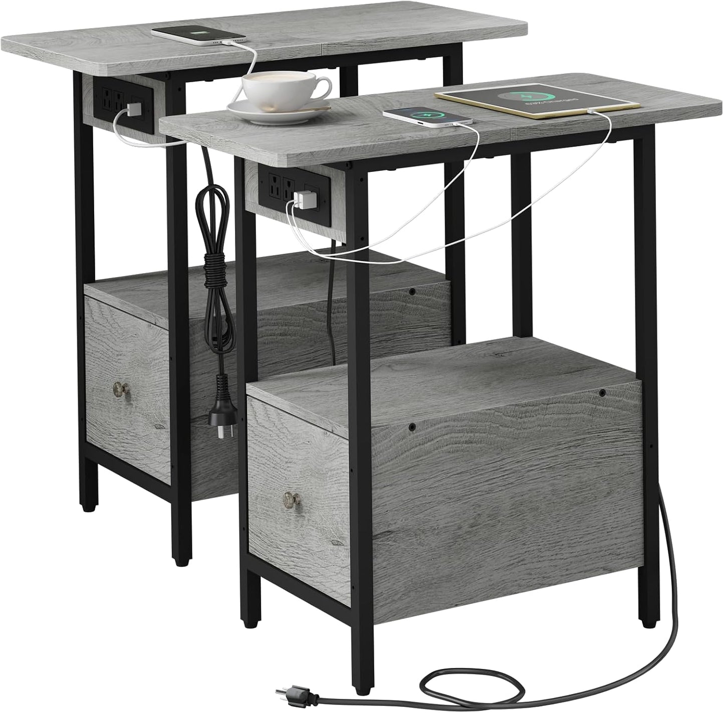 LIDYUK End Table with Charging Station, Narrow Side Table with Drawer and USB Ports & Power Outlets, Nightstand Bedside Tables for Small Spaces, Bedroom, Living Room, Light Grey, Set of 2