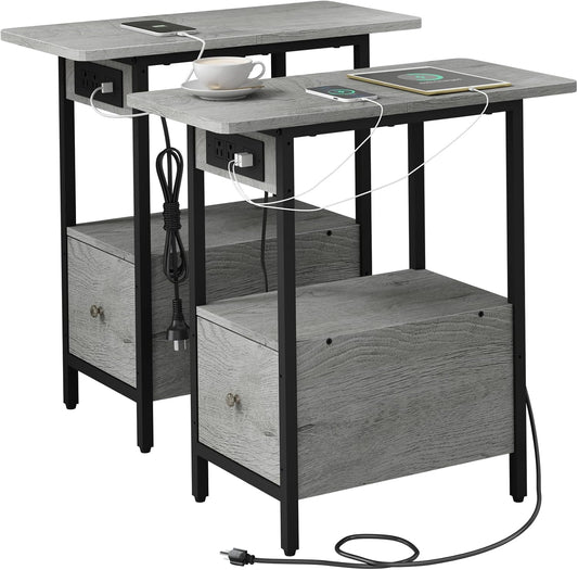 LIDYUK End Table with Charging Station, Narrow Side Table with Drawer and USB Ports & Power Outlets, Nightstand Bedside Tables for Small Spaces, Bedroom, Living Room, Light Grey, Set of 2