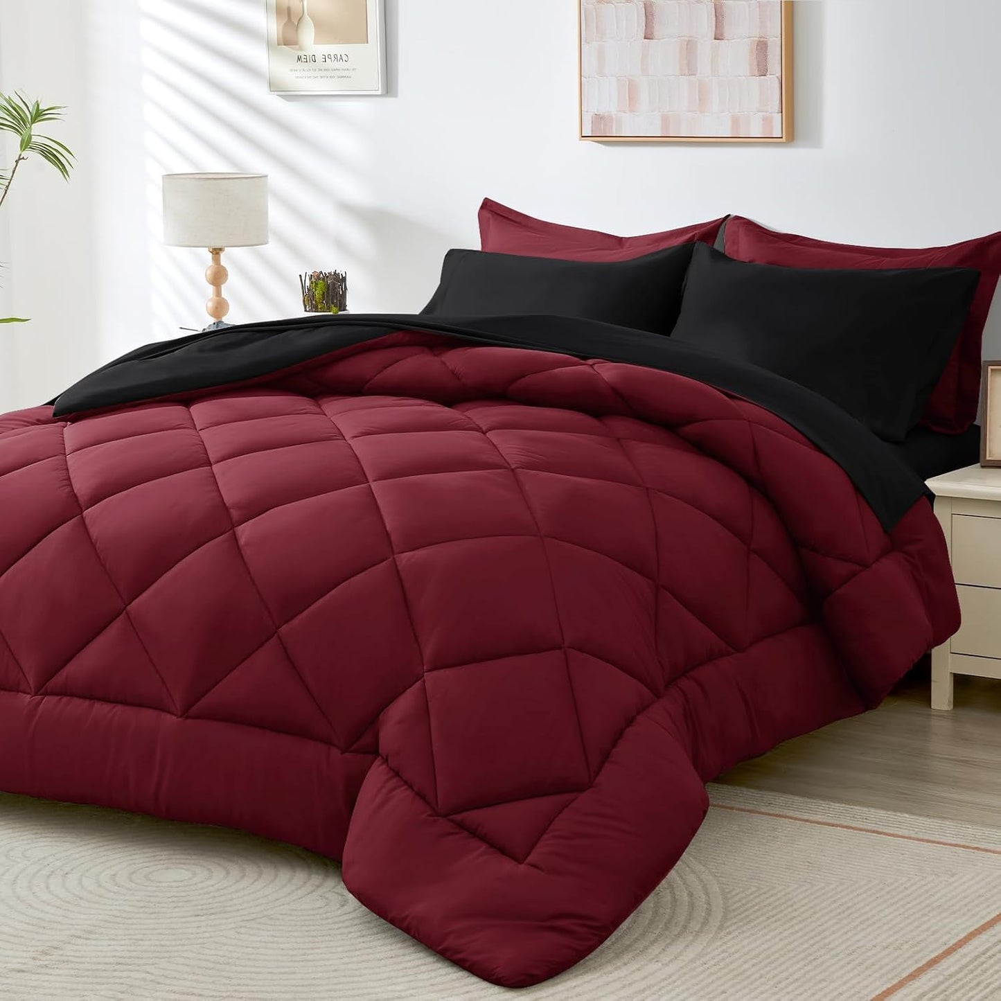 HEVUMYI Red & Black Queen Comforter Set - 7-Piece All Season Burgundy Bed in a Bag Queen, Ultra Soft Bedding Set with Comforter, Flat Sheet, Fitted Sheet, Pillowcases, Pillow Shams, Burgundy