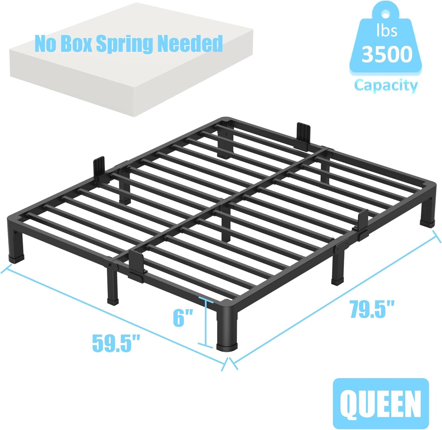 FUIOBYVV 6 Inch Queen Bed Frame with Round Corner Edge Legs 3500 lbs Metal Heavy Duty Steel Slats Support No Box Spring Needed Platform Noise Free Easy Assembly