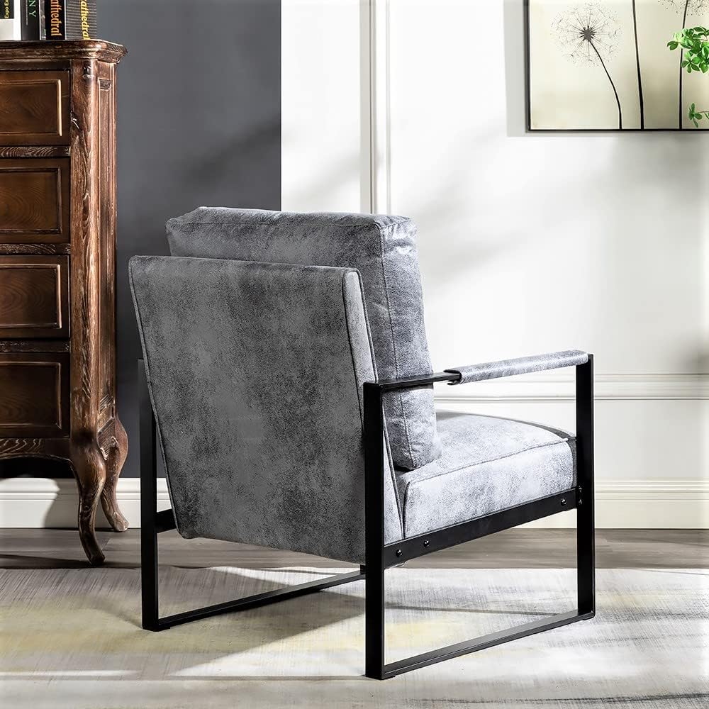 Container Furniture Classic Mid Century Modern Accent Chair with Durable Square Metal Frame, Armchair for Living Room, Bedroom, Home Office in Spotted Microfiber Upholstery, Grey