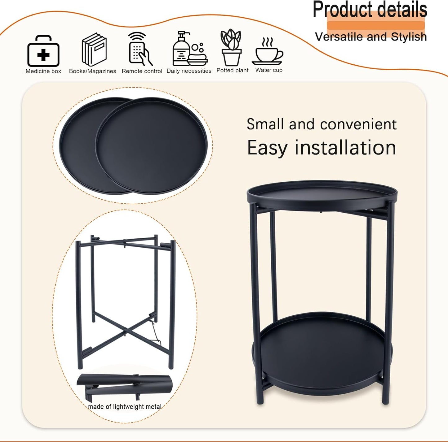 Round Side Table, 2-Tier Small Round Table, Round end Table, Nursery Side Table, with Removable Tray, for Room, Bedroom, Balcony, Living, Sofa, Kitchen, and Office