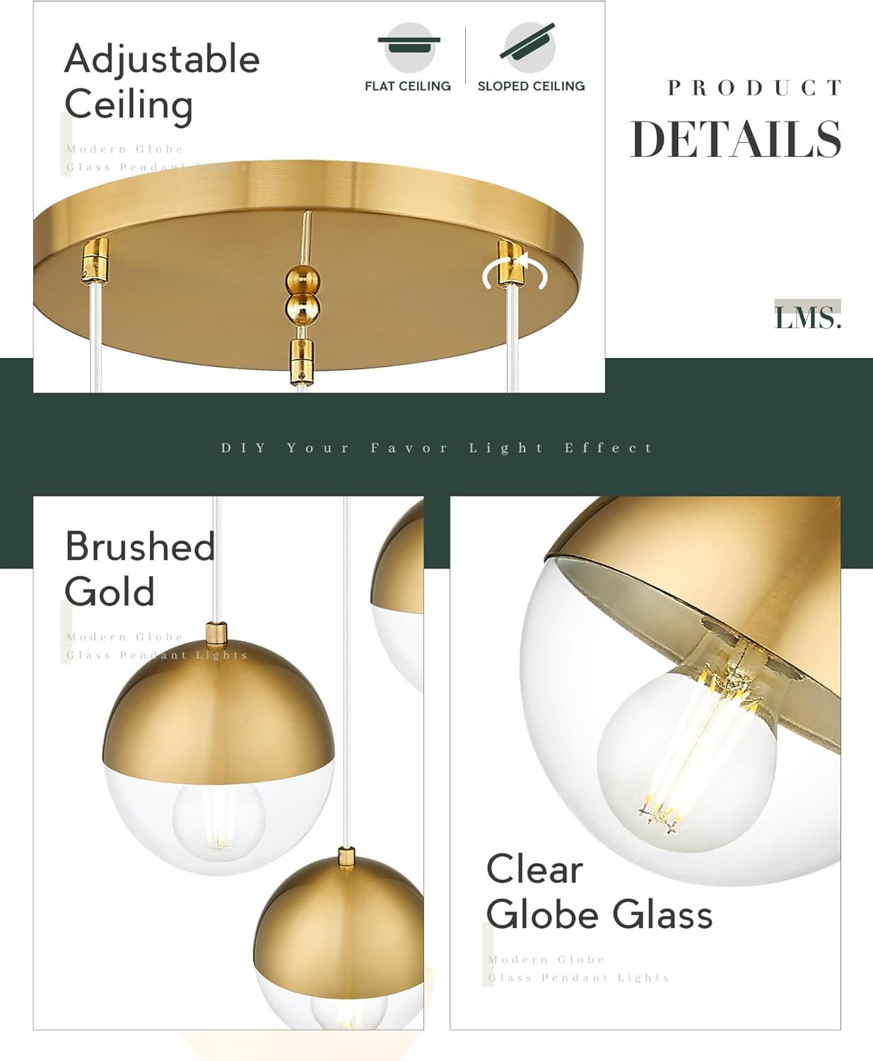 LMS Brushed Gold 3-Light Cluster Pendant Lights, Modern Dining Room Light Fixtures Over Table with Clear Globe Glass, Adjustable Hanging Cord Ceiling Light for Dining Room Kitchen Island, LMS-186BGC3