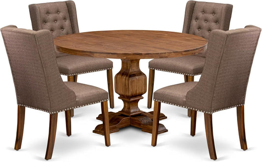 I3FO5-50N-18 - 5-Pc Mid Century Dining Set Consist of A Mid Century Table and 4 Brown Polyester Fabric Chairs with Button Tufted Back, Antique Walnut