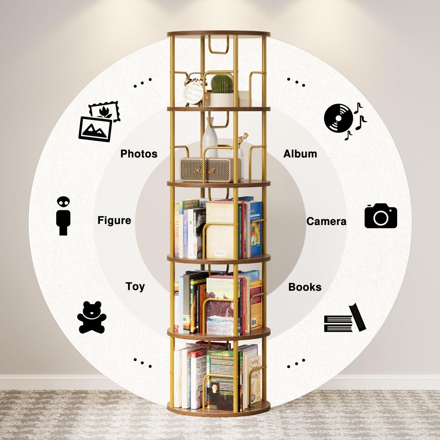 5 Tier Rotating Bookshelf, 360 Display Spinning Corner Bookshelf, Space-Saving Metal Frame Bookcase for Living Room, Office, Bedroom, Gold