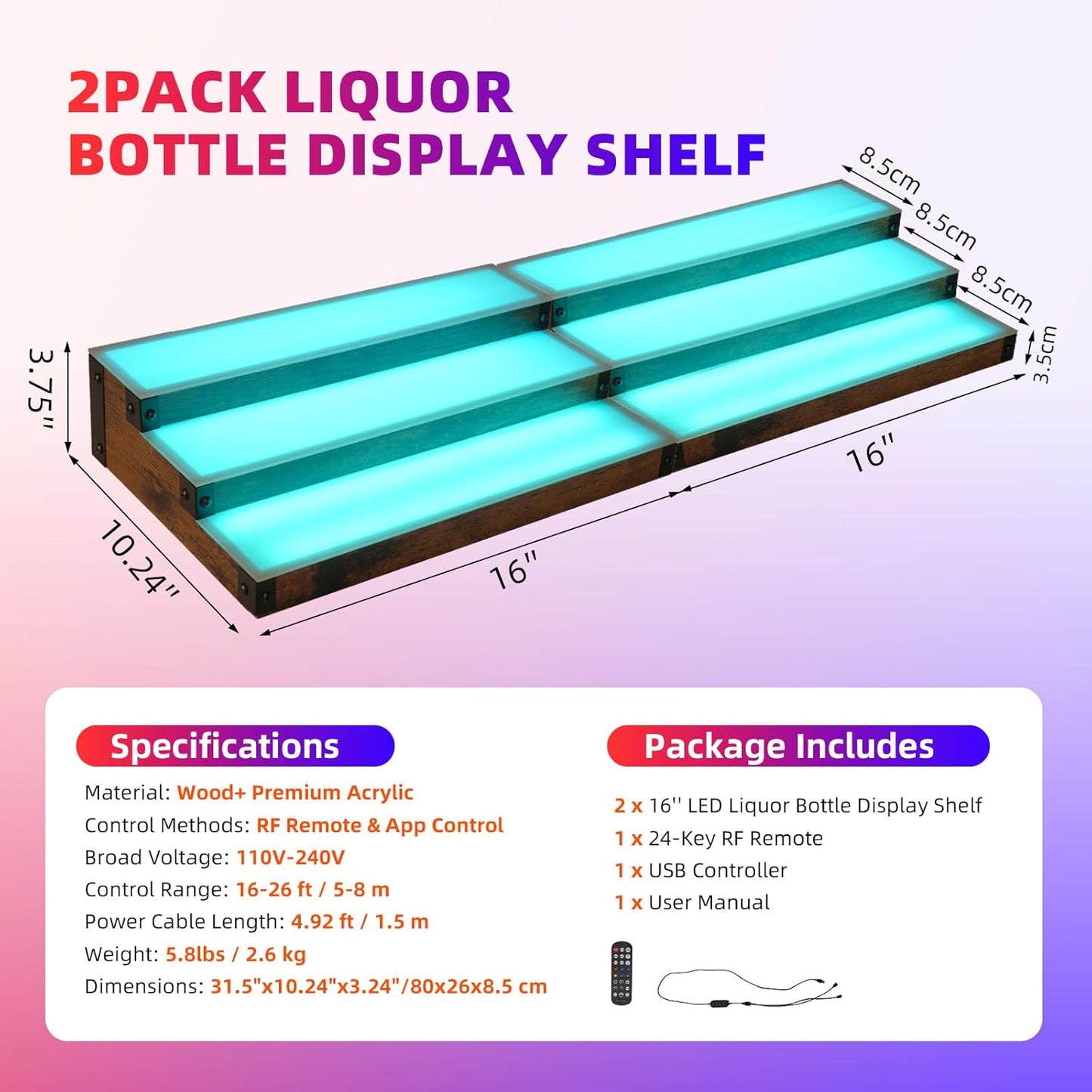 2 Pack 16 Inch LED Lighted Liquor Bottle Display Shelf, 3 Tier LED Bar Shelves, RGB Acrylic Bar Shelf with RF & App Control, 7 Colors, Music Sync& 1-4H Timming, Wine Rack Stand for Bar, KTV, Party