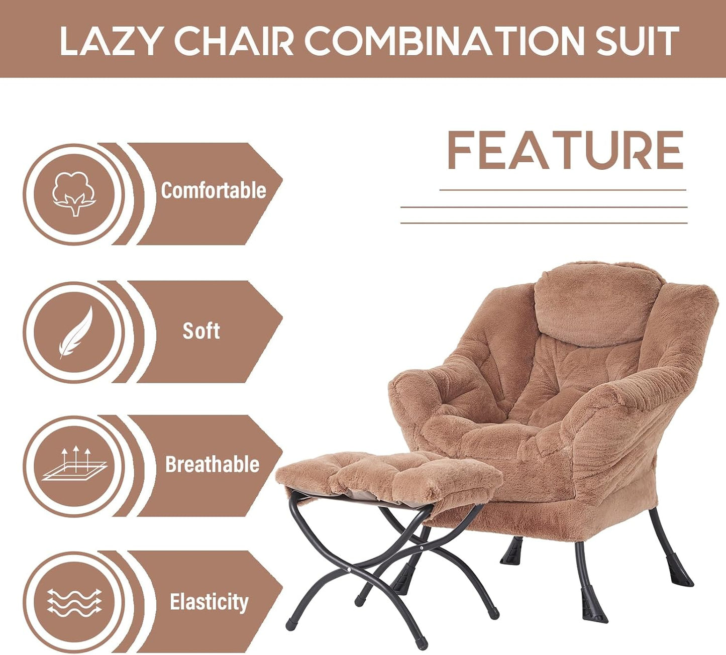 Cozy Lazy Chair and Ottoman, Large Contemporary Accent Lounge Chair Set, Leisure Upholstered Reading Armchair for Bedroom, Living Room, Dorm Rooms, Office