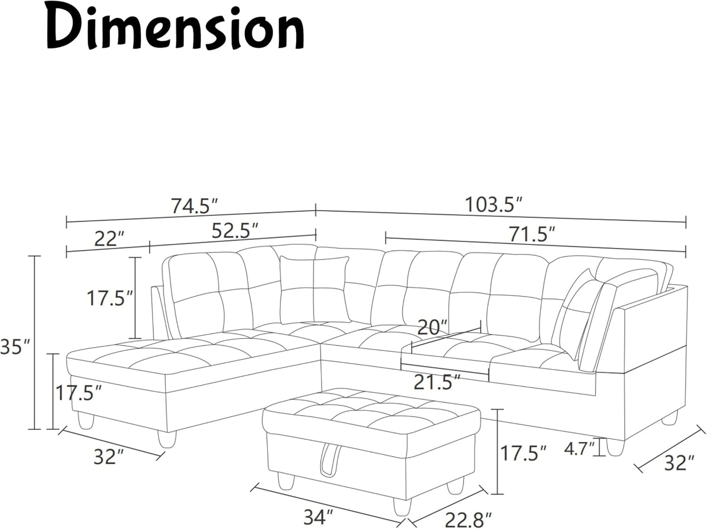 Modern Living Room Furniture Sets with Pillows, Modular Sectional Couches with Chaise Lounge, 4-Seaters L Shape Sofa with Storage Ottoman, for Living Room, Beige and Brown