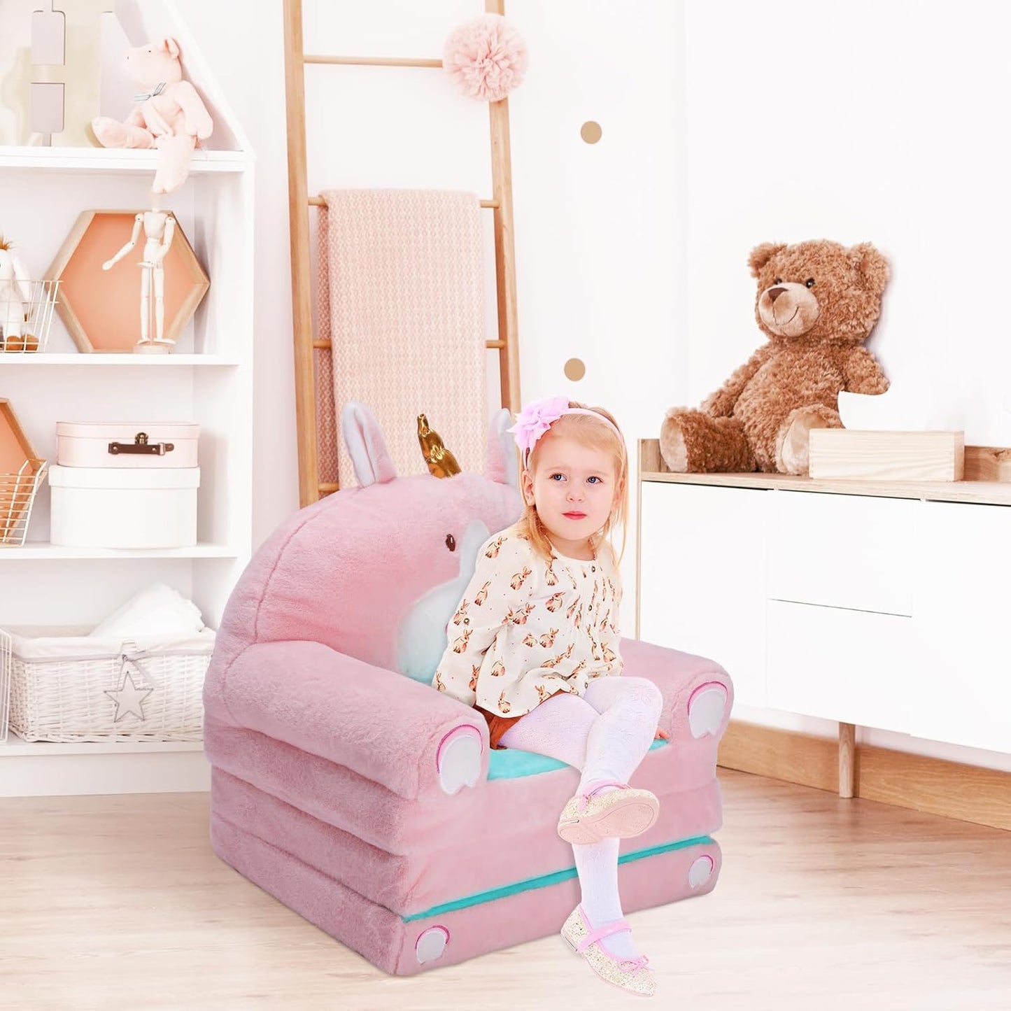 Foldable Kids Couch Toddler Backrest Armchair 2 In 1 Flip Open Sofa Bed for Chidren, Cartoon Comfy Soft Kids Chair, Steady Lightweight Toddlers Sofa Bed for Bedroom Livingroom Playroom Unicorn