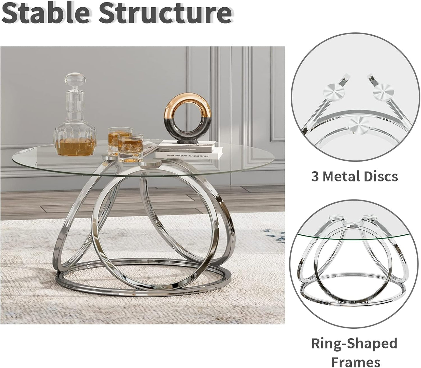 O&K FURNITURE Silver Coffee Table, Modern Glass Coffee Table Living Room Table with Ring-Shaped Frames, Glass Coffee Table for Home&Office, Chrome Finish, 1 PC